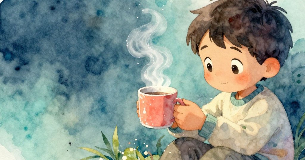 男孩輕提暖杯,蒸氣繚繞融化冰霜,畫面集中展現溫柔瞬間與魔幻細節