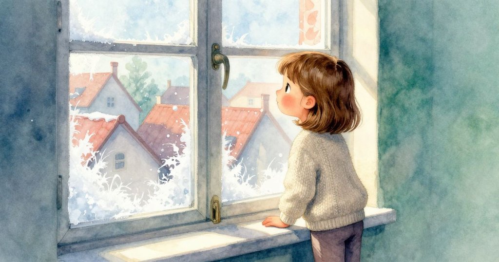 女孩靜立窗邊,注視透明玻璃與遠處屋頂,晨光灑入室內,平靜中帶著新希望