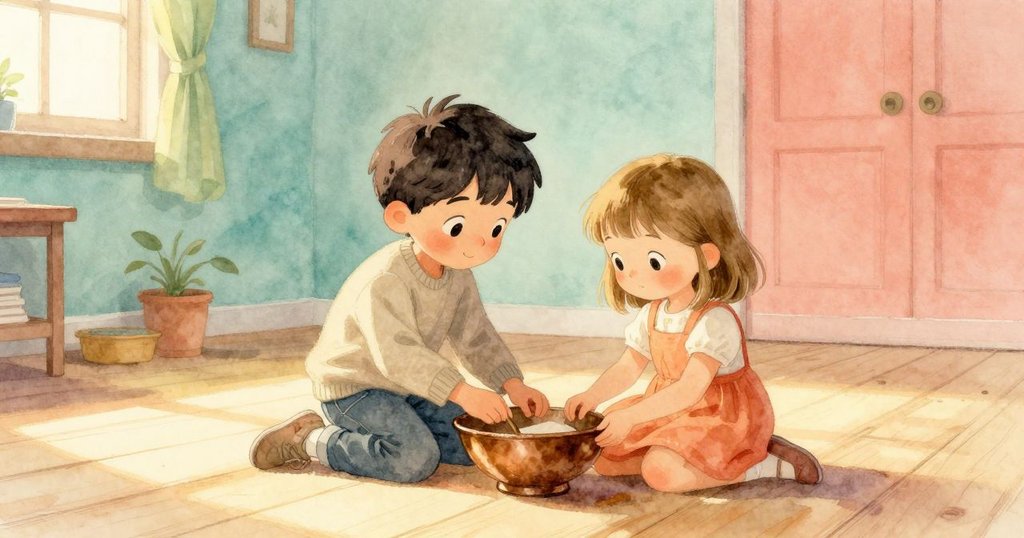 麥瑞特跪坐在墊子上，瑪格特坐對面，房間內陽光灑落在木地板，兩人準備進行實驗，神情專注。