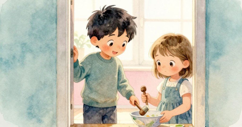 透過微開的門縫窺視，麥瑞特與瑪格特全神貫注操作樂器，房間溫暖與清冷光影交融，神秘氛圍流露。