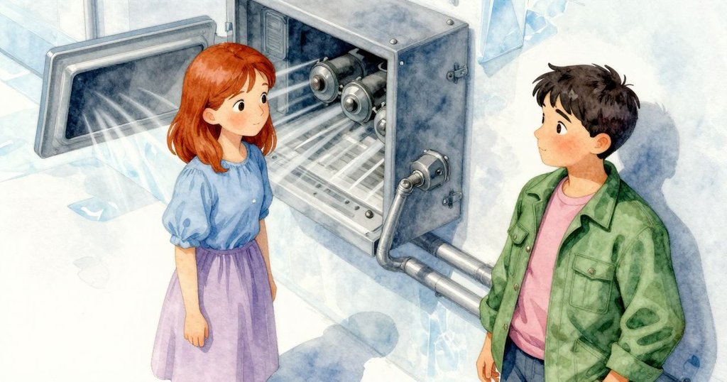 Zelma操作閥門，Winston旁觀，室內機械部件與服務艙透出涼意，畫面傾斜營造神秘感。