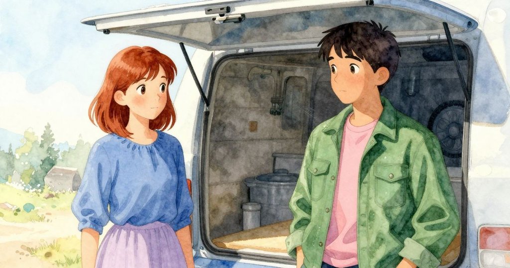 Zelma與Winston注視室外斜照的陽光，涼風自開口處吹入，營造室內外交織的溫暖氛圍。