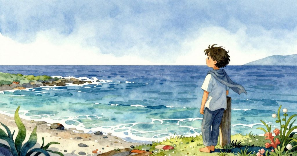 Iris 靜靜站在斑駁記號桿旁，注視潮池中微動生物，背景為乾涸褐藻林，神情沉思平靜