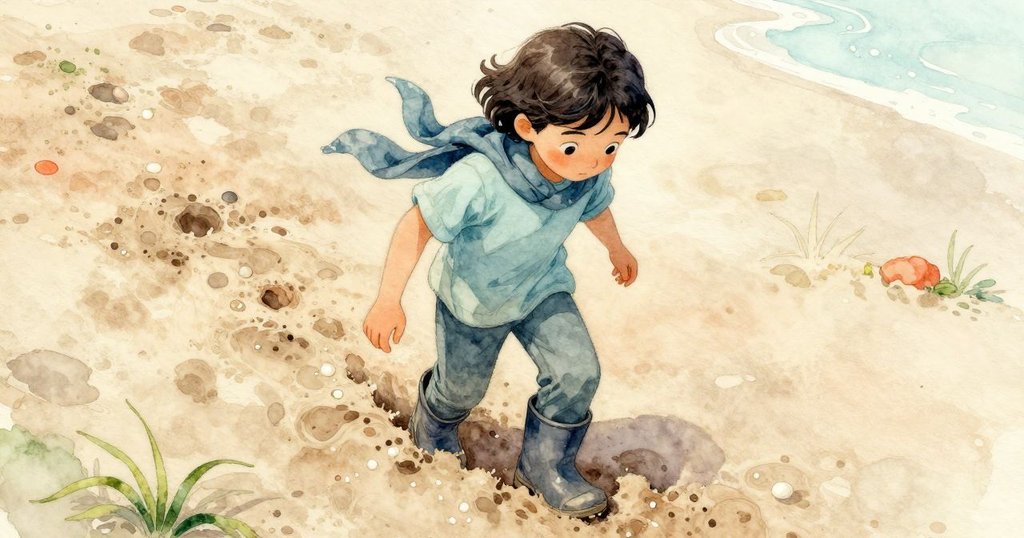 從高處俯視Iris踏步離開記號桿，靴子陷入濕泥中，畫面呈現細膩沙土變化與光影紋理