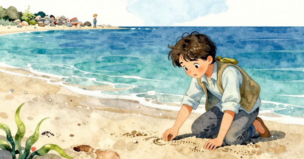 Iris 膝跪潮池旁用指尖劃出濕沙痕跡，遠處Ronan立於石板山脊上呼喚，氛圍充滿過渡期待