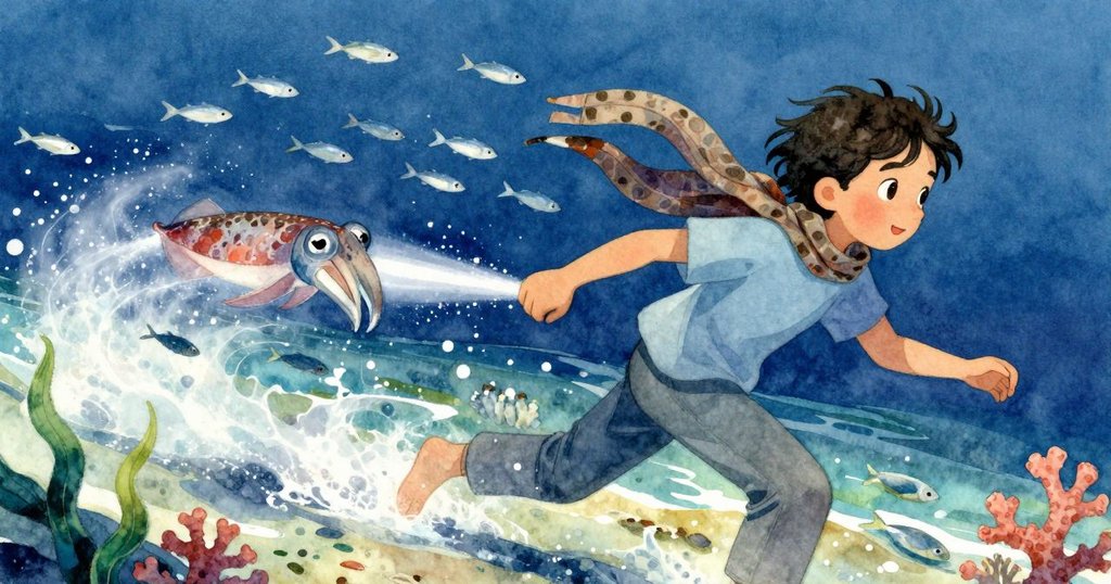 Iris 目睹墨魚迅速側移，銀色魚群瞬間四散，畫面動感定格，展現驚奇與微妙憂心神情