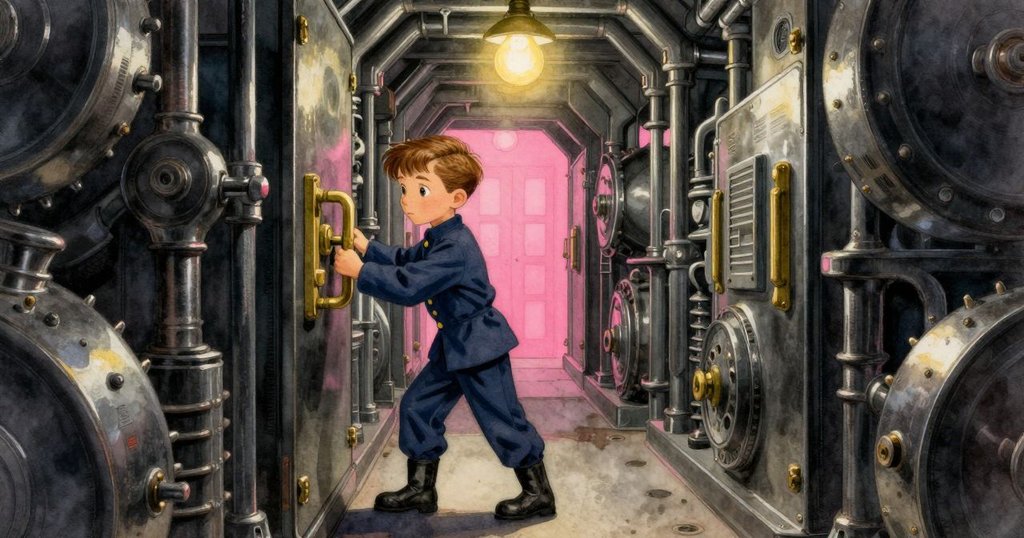 亨里克在繁忙機械工坊中打開閘門，與同事互動，背景充滿銅管和齒輪，充滿活力與溫暖。