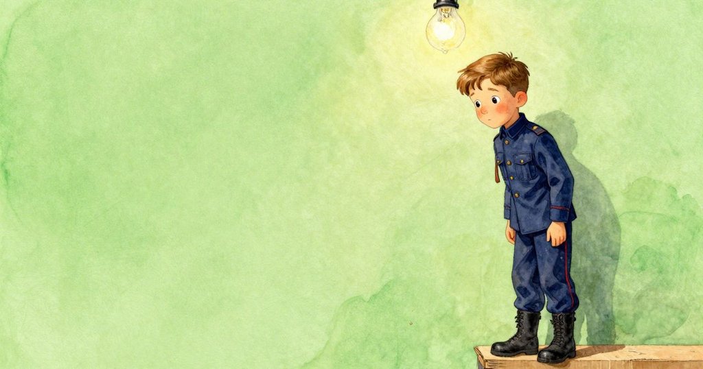 亨里克在狹窄房間中沿著橫樑凝視移動的瓦楞紙，背景空曠，燈光柔和，神情專注。