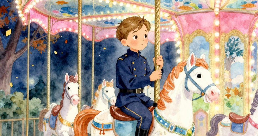 亨里克望向窗外秋夜，旋轉木馬透出霓虹粉與藍光，窗外落葉飛舞，神情溫柔欣賞。