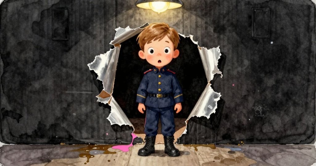 亨里克近距驚訝注視破損的瓦楞紙，油斑閃爍於地板上，燈光溫暖映出他認真表情。