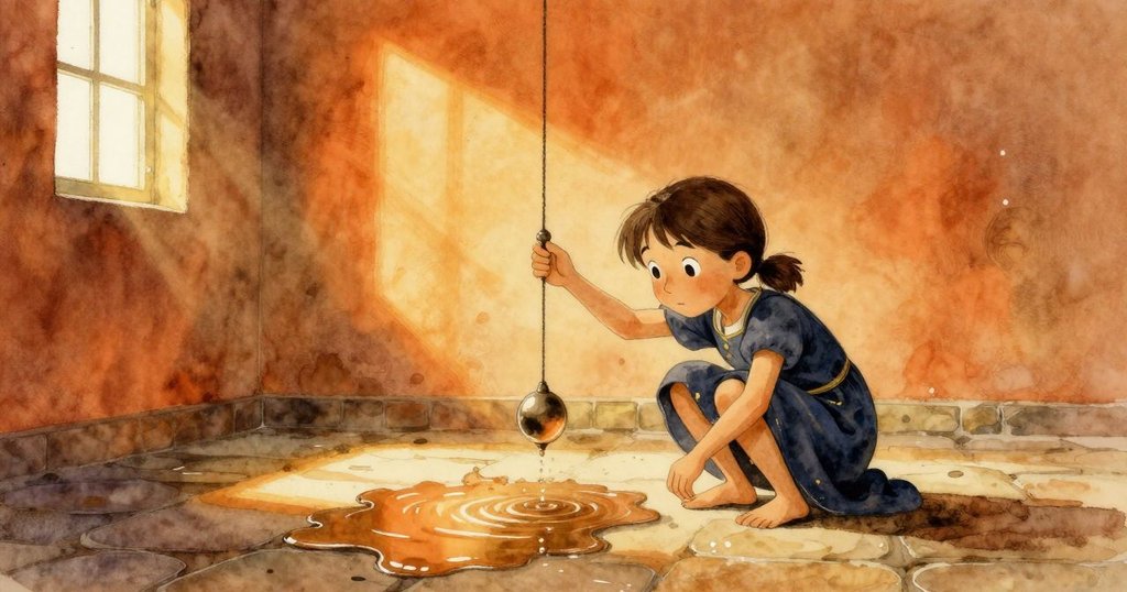 Astrid在時鐘塔內檢查閃閃發亮的水窪，窗外斜射陽光，臉上流露出好奇而認真的表情