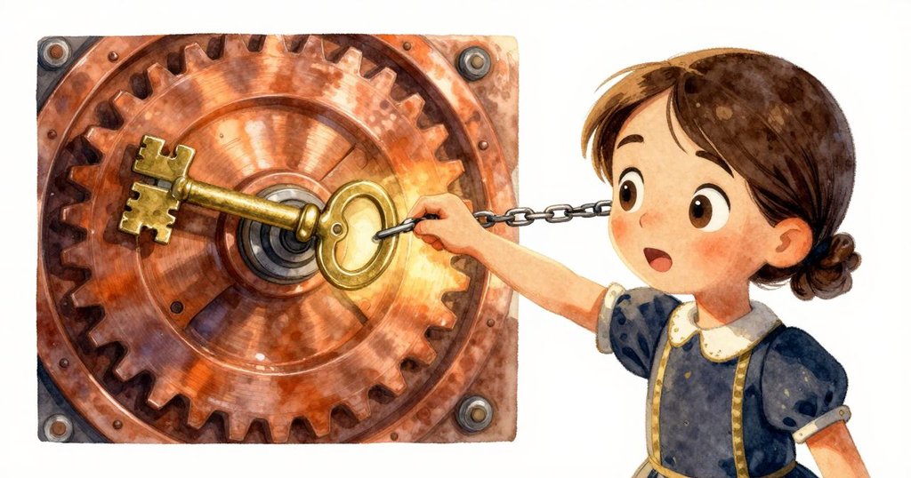 Astrid專注拉動嵌在齒輪盤中的黃銅鑰匙，光線使其散發溫暖光芒，氣氛充滿堅定決心