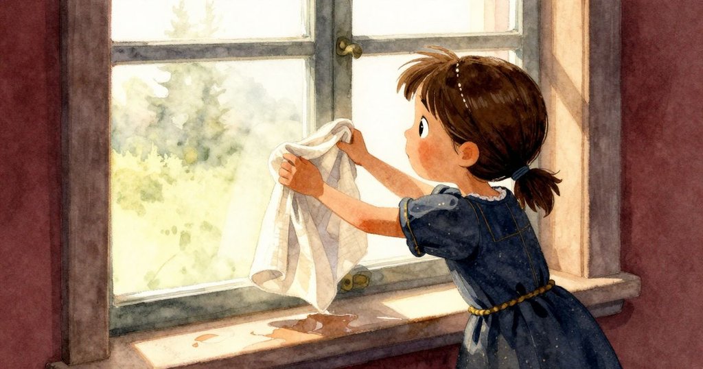 Astrid在窗邊拿起亞麻布擦拭水面，窗外光影交錯，她臉上表情堅定且充滿期待