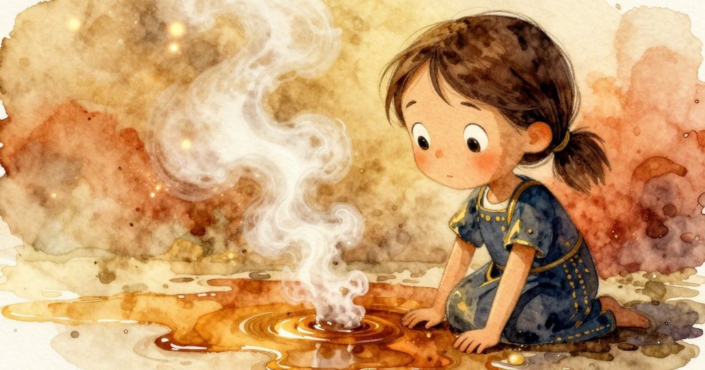 細微蒸氣與油跡在水面上交織，陽光灑落之中呈現出神秘微光，鐘擺輕輕擺動背景朦朧