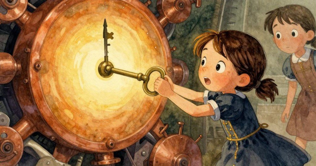 Astrid正全力拉動黃銅鑰匙，時鐘刻度同步反映出她努力動作，氣氛緊張而充滿動感