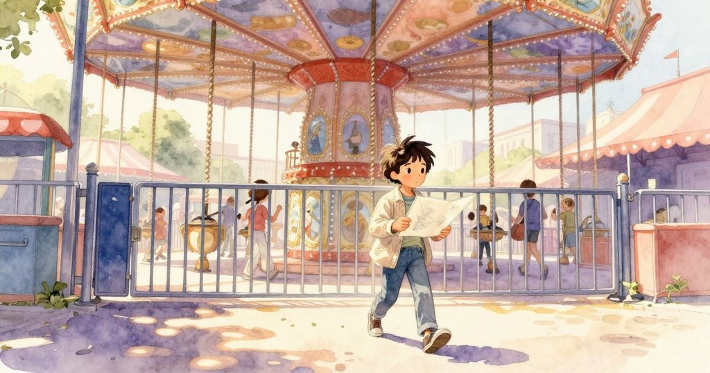 托比亞斯帶著畫本走向遊樂設施登機門,背景是旋轉帳篷與溫暖光線,表情充滿期待與好奇。