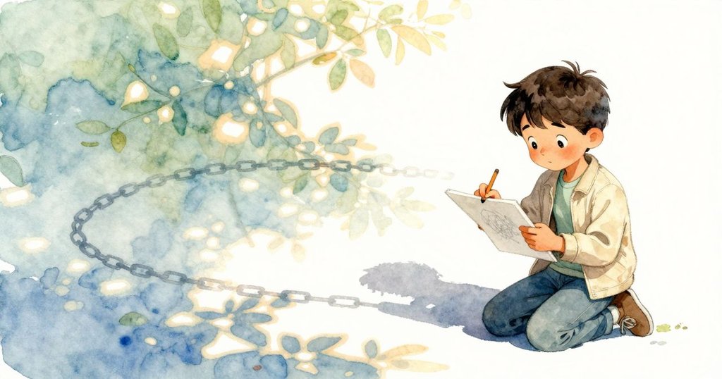 托比亞斯蹲在登機口旁,用鉛筆追逐鏈條光影,專心記錄動態軌跡,呈現思考與創作交織的瞬間。