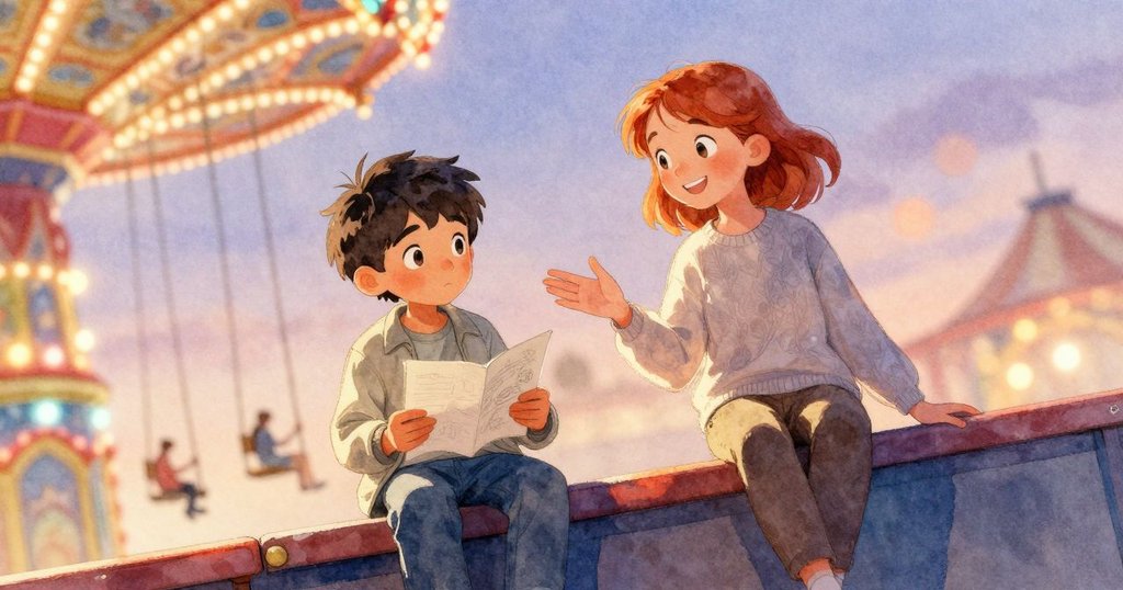 托比亞斯受到瓦爾達召喚,走向空蕩鞦韆,背景中旋轉彩燈化作絲帶,角度傾斜呈現動感與轉變。