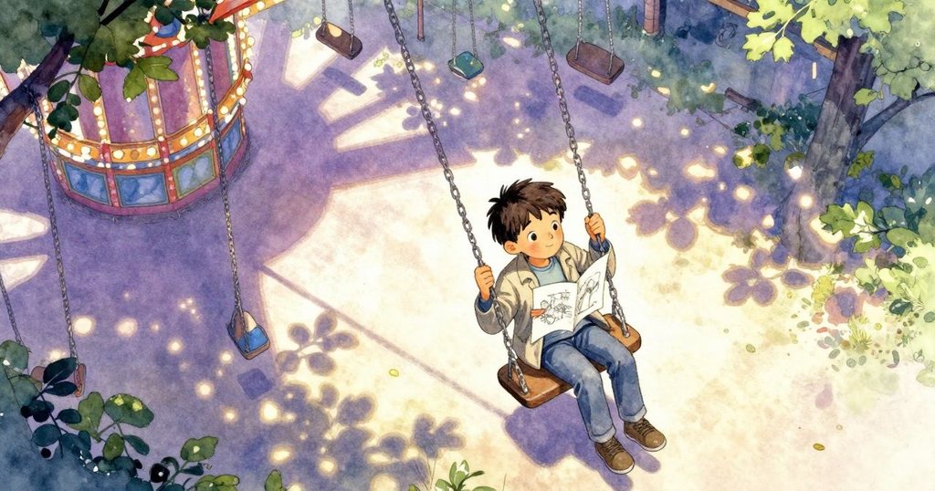 托比亞斯坐在鞦韆上,平台下沉時,彩燈與鏈條展開成絢麗環狀,底下遊園場呈現精緻圖案,場面壯麗。