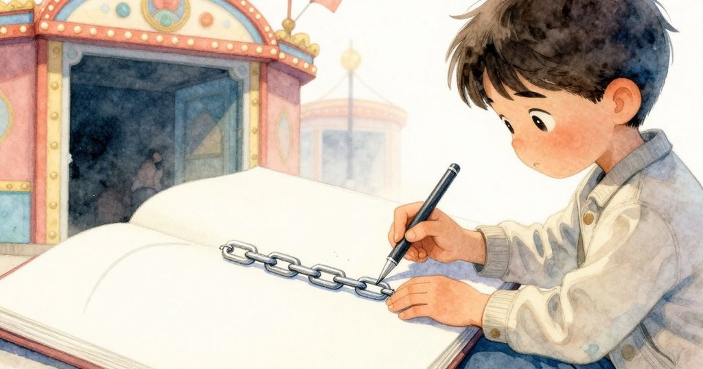 托比亞斯在出口處停下,手指輕觸金屬鏈條,畫本上留有迷人弧線,神情專注而堅定。