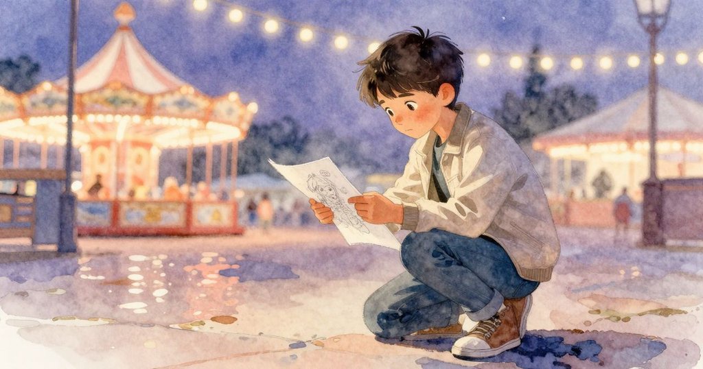 托比亞斯轉開新頁,低身在欄杆旁繼續作畫,頭頂遊樂燈光閃爍,心中滿懷希望與創新。