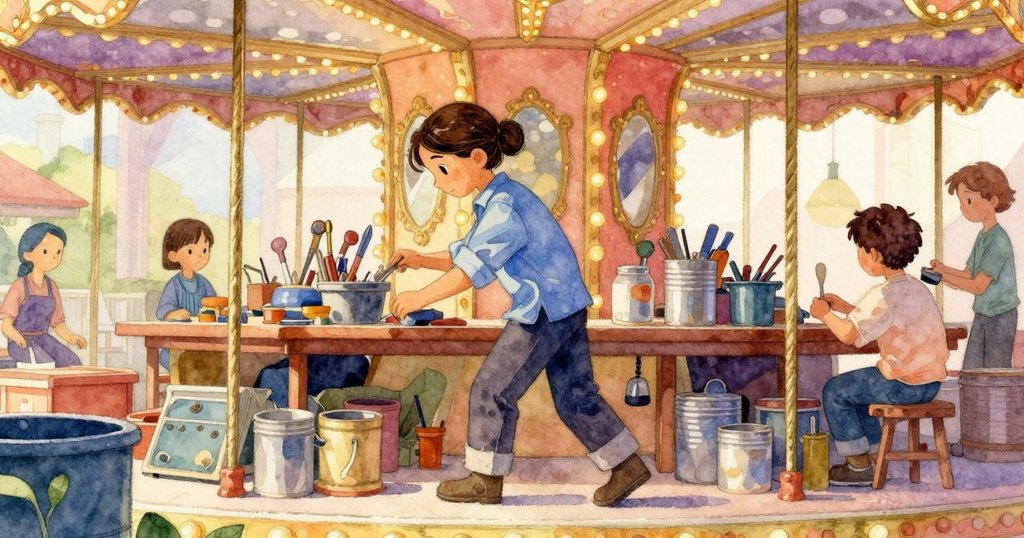 Vera在狹小擁擠的工作室中忙碌操作，各種工具和零件堆疊在周圍，場景透露出專注與生動氛圍