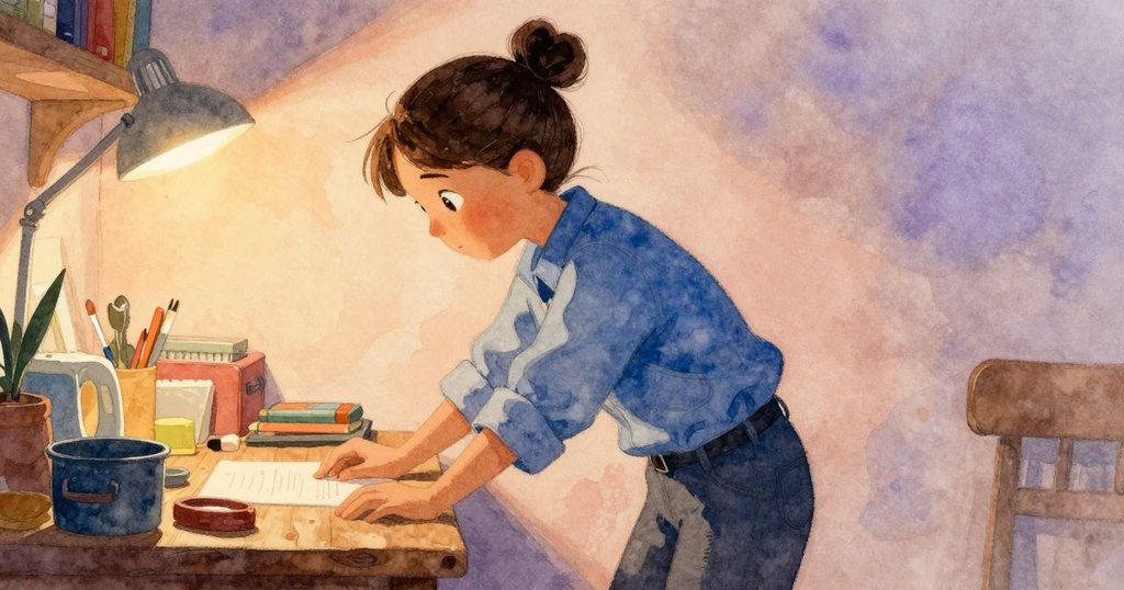 透過傾斜視角看見雜亂堆疊的工具與材料，Vera彎身尋找合適的零件，場景充滿層次與動感