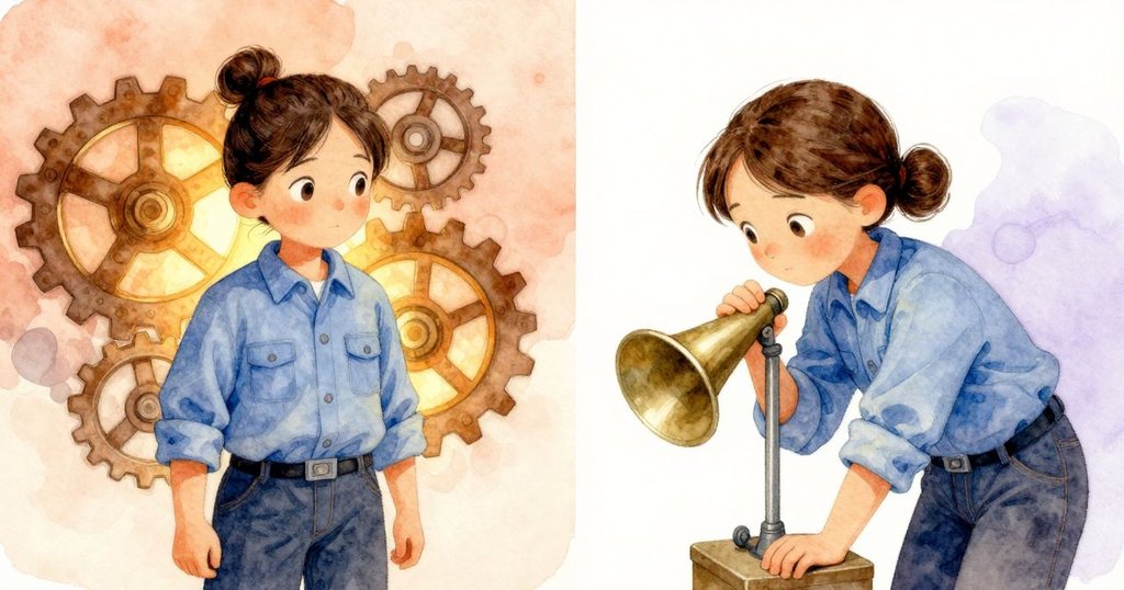 畫面分割成兩部分，一邊為齒輪及機械細節發出強烈琥珀光芒，另一邊Vera專注靠在風箱旁，呈現現實與想像交織