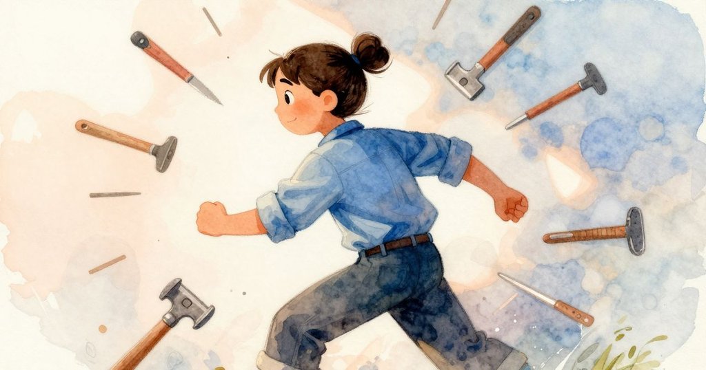 Vera急速後退，工作台上的工具和零件微微飄散，動感強烈展現調整中瞬間的能量與精確動作