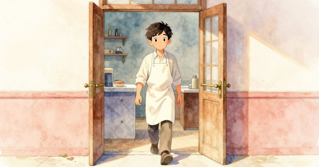 Max 穿過櫸木門進入工作室，陽光柔和灑在大理石櫃台上，神情充滿期待，展示故事開始的溫暖氛圍