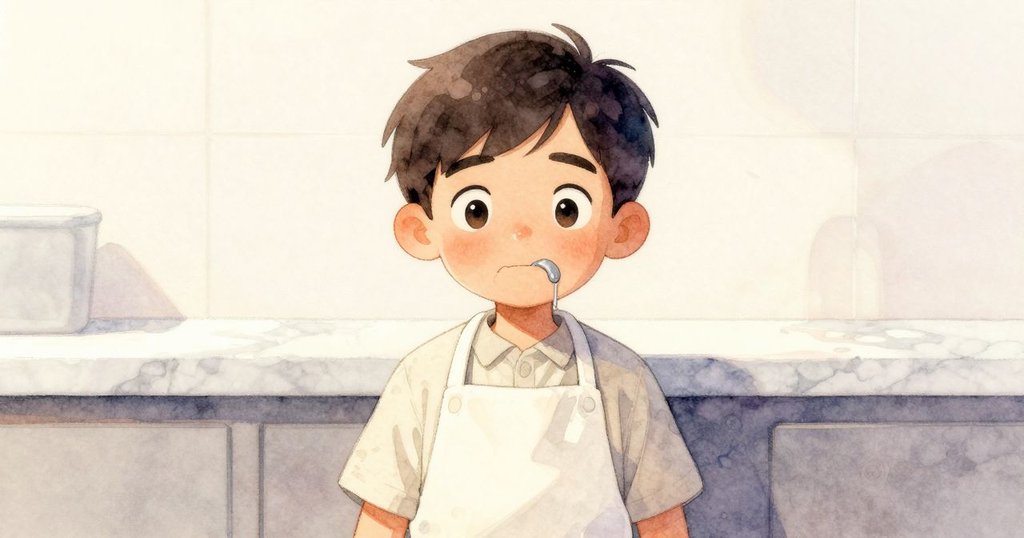 Max 的臉部特寫，專注品嘗金屬味，眼神中流露出驚訝與好奇，櫃台隱約作背景，情感豐富