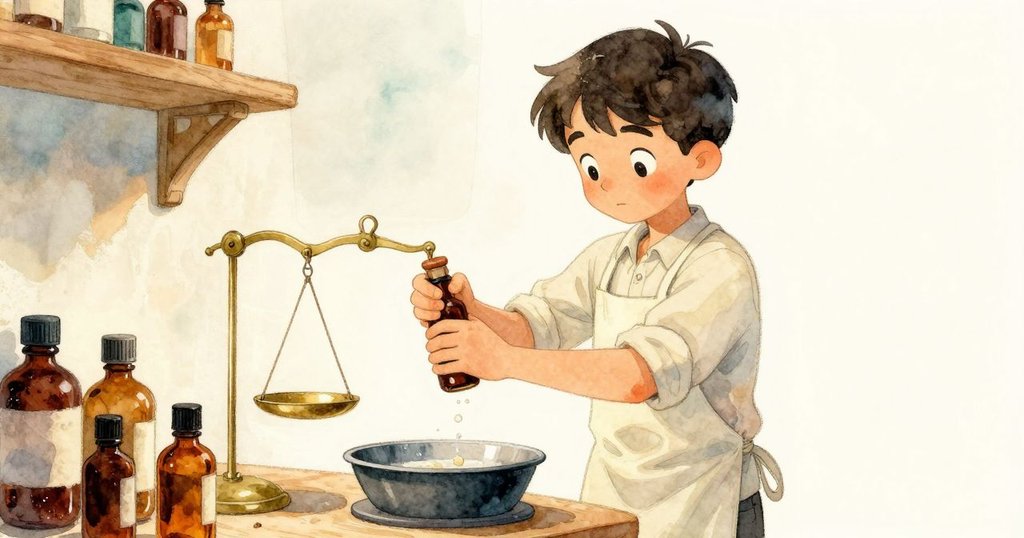 Max 在操作混合台上拔開佛手柑瓶蓋，動態鏡頭呈斜角展現工作台上青銅秤和琥珀瓶，充滿活力的檯面細節