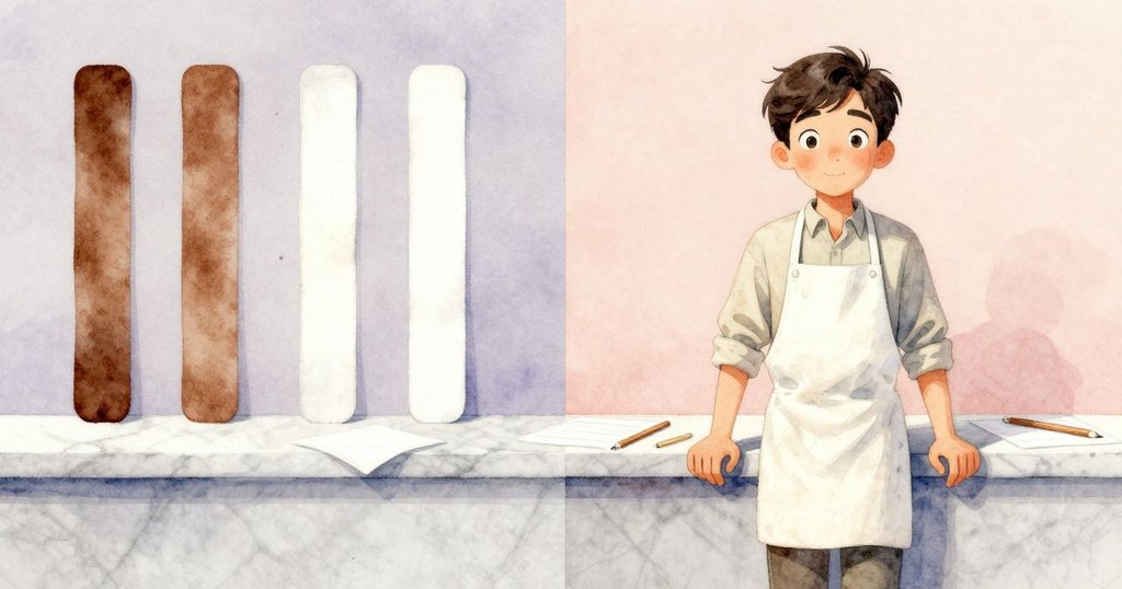 畫面分割呈現雙重畫面，一邊展示變色的試紙條，一邊呈現全白未用試紙，背景中Max與Halle注視對比，實驗充滿張力