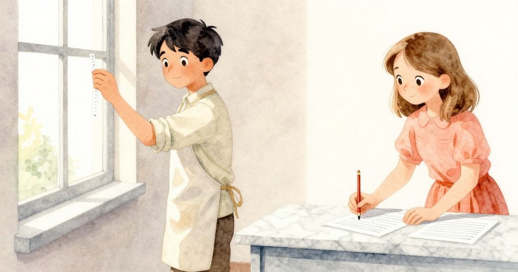 Halle站在窗邊輕搧試紙條，Max則俯身檢視櫃台上的筆記與劃線，兩人專注互動，展現關鍵實驗決策