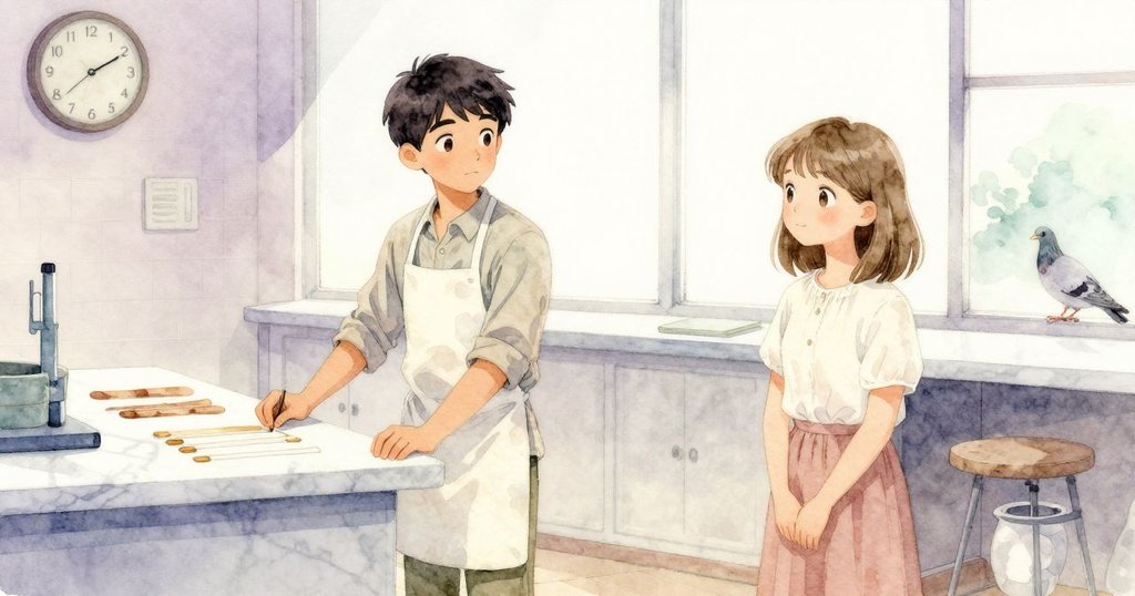 工作室全景呈現平靜結局，櫃台上擺放棕色與白色試紙條，牆鐘滴答作響，窗外鴿子悄然掠過，展現故事尾聲