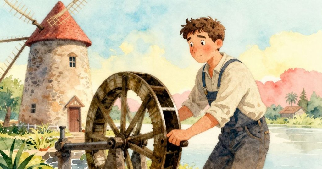 艾佛瑞特在晨光中走向水車，散發溫暖光線，磨坊背景寬闊，展現新一天的開始