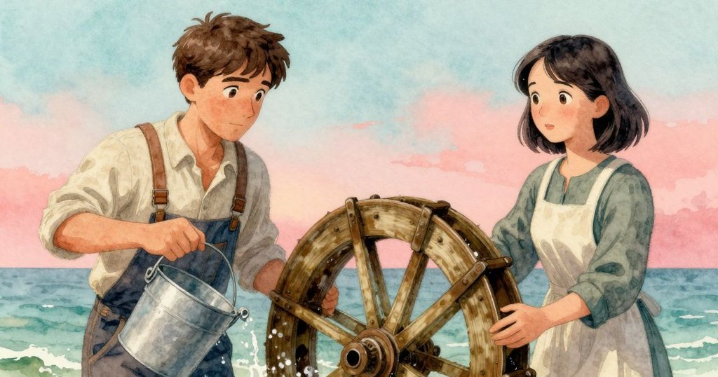 艾佛瑞特伸手觸碰水車上精細機件，水桶輕傾瞬間捕捉，暗示著異常節拍的開始