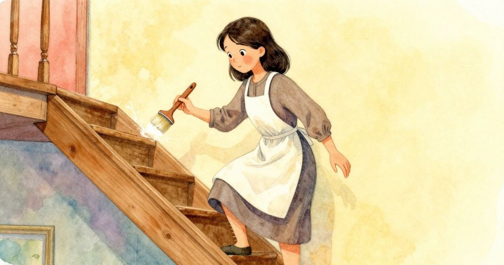 艾達正從舊樓梯上輕輕下降，拂去袖上麵粉，流露出好奇且期待的目光，室內溫暖