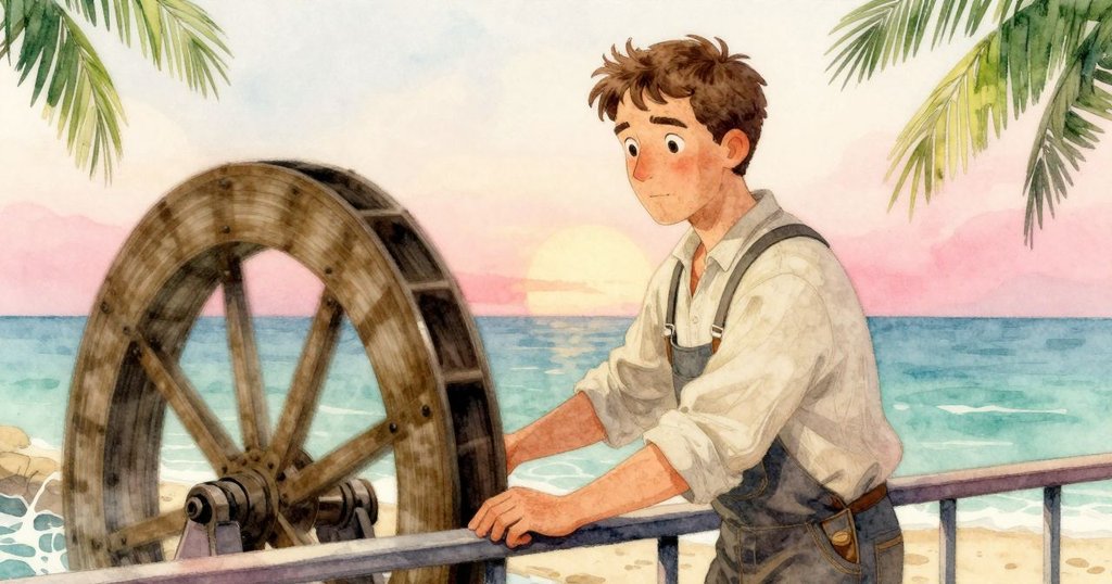 艾佛瑞特靠近欄杆輕敲，觀察水車節奏的異常，神情中混雜著關切與專注，磨坊內部細膩呈現