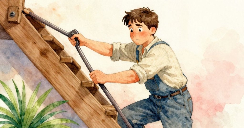 艾佛瑞特攀爬並調整木槓桿，神情充滿擔憂與決心，樓梯上木紋清晰，內部機械細節豐富