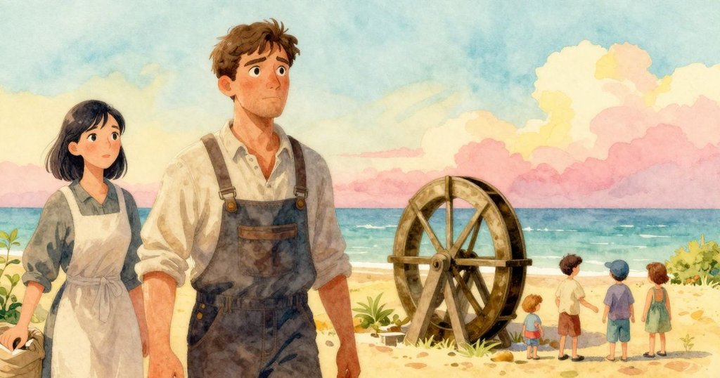 艾佛瑞特與艾達站在麵粉袋旁，水車穩定轉動，微塵浮動在艾佛瑞特袖上，氛圍恢復平靜，結局呈現