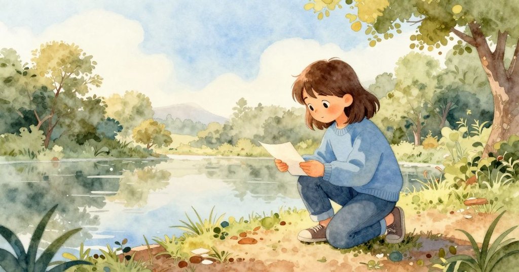 Yvette在晨霧中跪於池塘邊，用筆記本記錄融冰進程，溫柔晨光映照自然景致