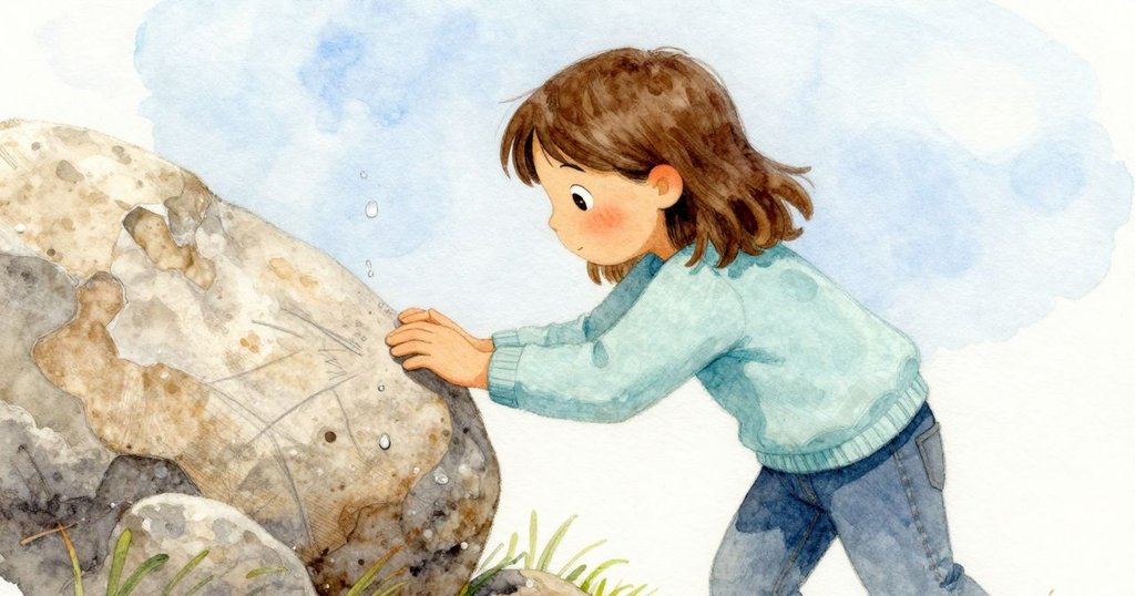 Yvette專注書寫，筆劃在筆記本邊緣，石上水滴跳動，細節捕捉觀察專注瞬間