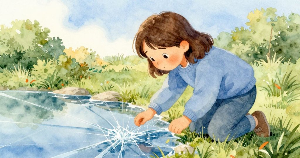 Yvette凝神俯視冰層破碎，冷霧伴隨呼吸浮現，展現對自然細節的驚奇觀察