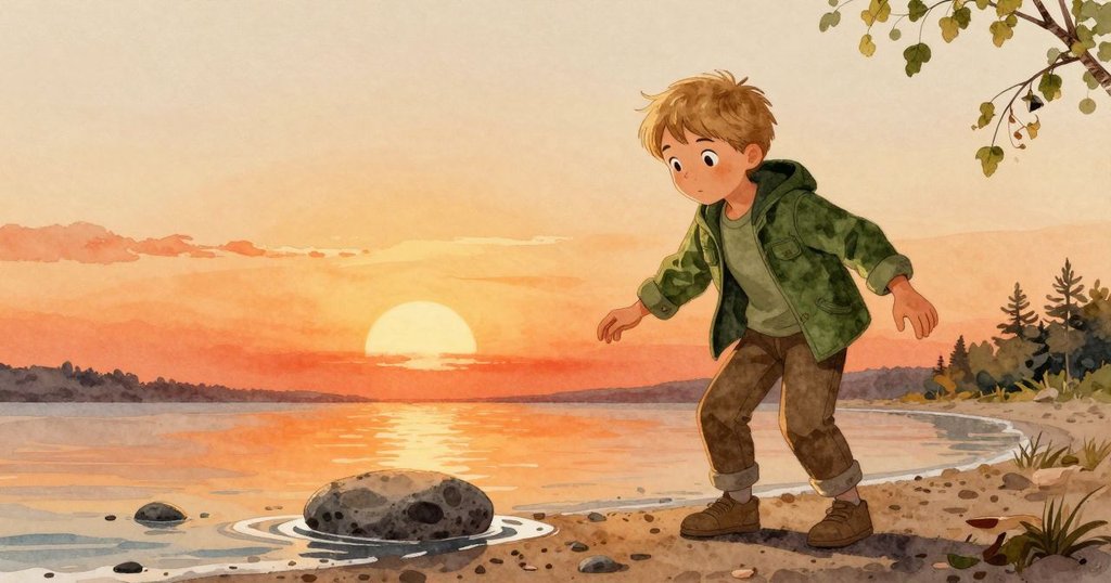 Glen於岸邊拋石，樺木皮隨風飄舞，石跳與自然節奏碰撞出活力寧靜畫面