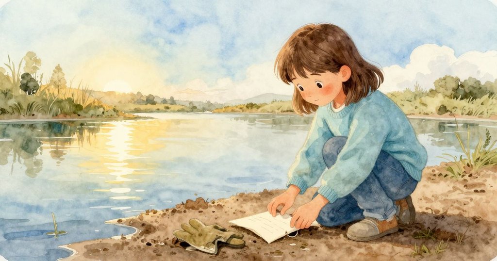 Yvette結束記錄，關上筆記本，泥手套留於池邊，寧靜水面映出春日餘暉，悄然落幕