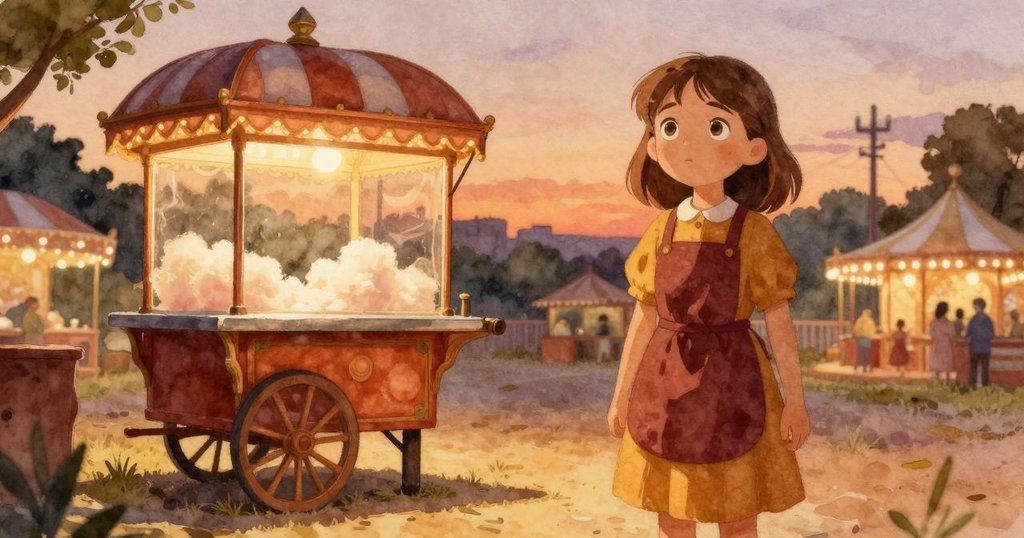 西安在黃昏時分於棉花糖車邊啟動機器,背景帶有溫暖燈光和柔和空氣,充滿期待與寧靜的情緒