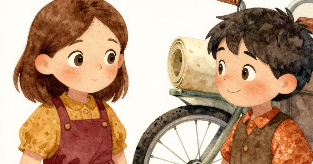 棉花糖車後輪下隱藏著一捲柔軟的回收宣言紙,特寫展示紙張與糖霜質感對比,細膩平和