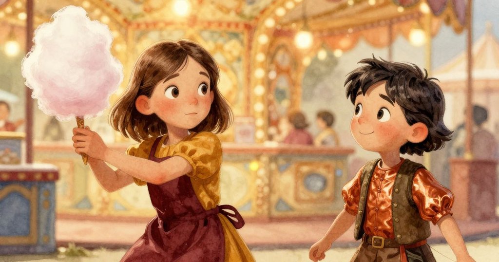 西安在調整傾斜的棉花糖錐,提起輕盈側邊,身旁的貝桑微笑鼓勵,場景充滿溫暖動感