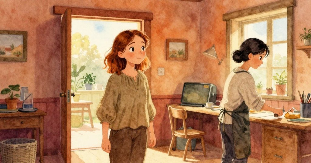 赫迪站在開闊的門口觀看伊莉絲工作，室內溫暖早晨的霧氣中呈現粗糙沙紙與琥珀細節